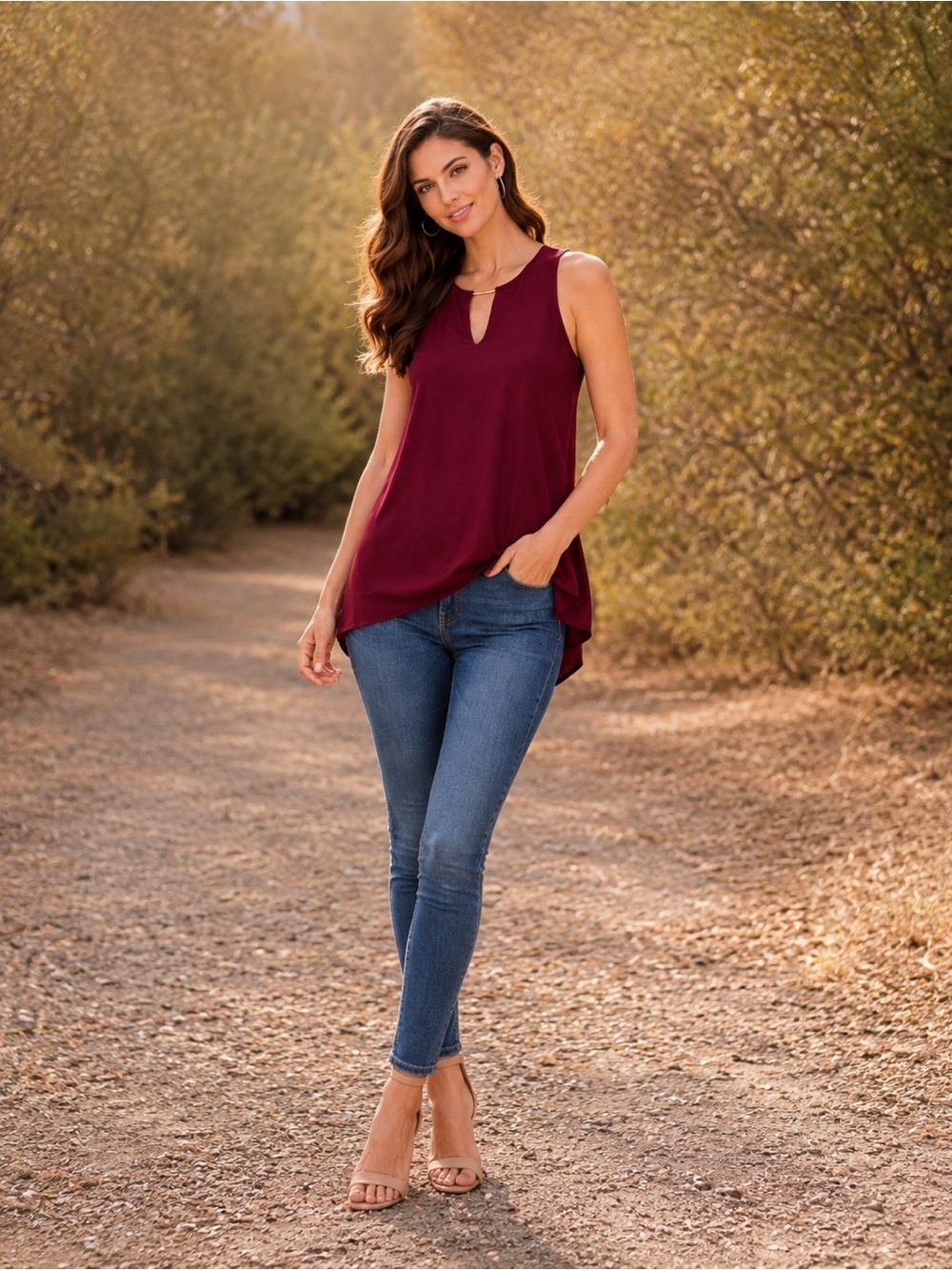 LuLus Burgundy Sleeveless High-Low Blouse w/ Gold Bar Detail | Size S